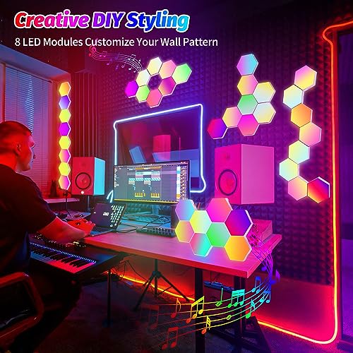 Image of 8 Pack DIY Hexagon LED Lights, Music Sync RGB Gaming Lights with APP Smart Wall Lights for Bedroom Living Room Decor