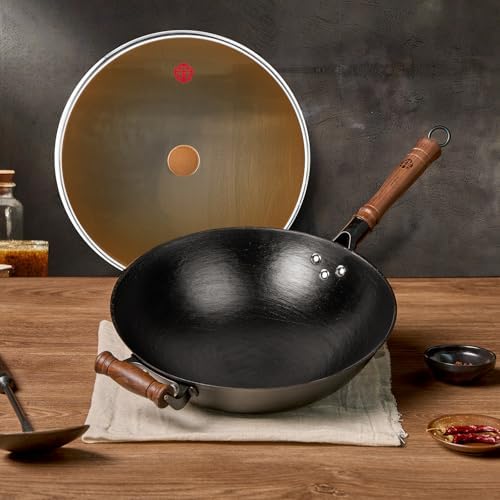 WANGYUANJI 14.17” Cast Iron Wok with Glass Lid – Traditional Round Bottom Chinese Wok for Gas Stove & Open Flame (Wok Ring Required) – Uncoated Clay-Mold “Turtle Shell” Texture – Seasoning Needed - Thumbnail 4
