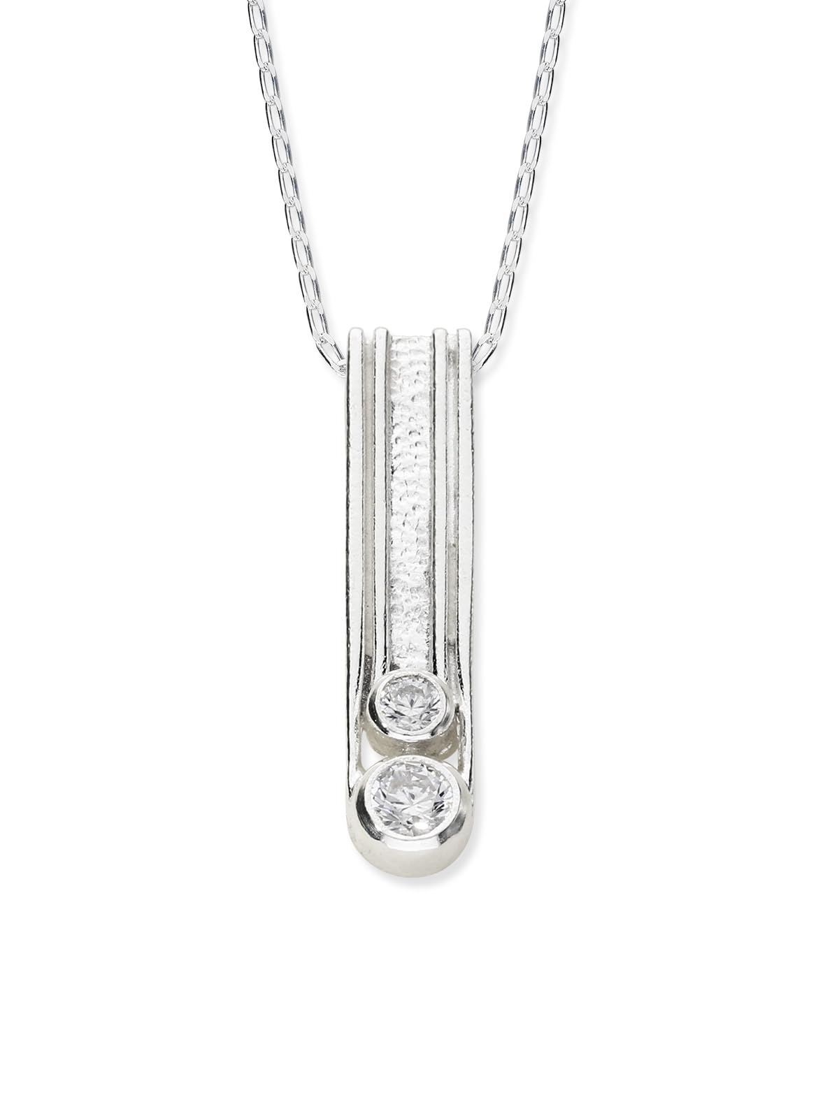 ORTAK 925 Sterling Silver Double CZ Handmade Pendant Necklace, Elegant Chain with Cubic Zirconia Stones, 11mm x 6mm