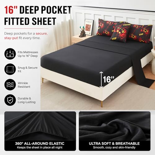 Image of ZRNBAST Gamer Comforter Set Full Size, Red Gaming Bedding Set for Boys, Lightning Game Console Microfiber Bed Sets, 6 Pieces Teen Game Gamepad Bed in a Bag (Red,Full)