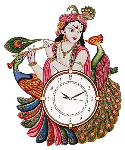 Image of Radhe Krishna Antique Wooden Wall Clock Handmade Vintage Round Analog Wall Clock for Home & Bedroom Decor
