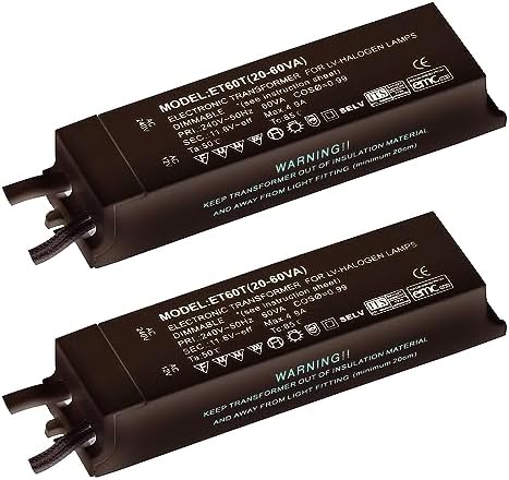 Black Finish 12V Low Voltage 20W - 60W Rated Electronic Dimmable Transformer for Halogen Lights Lamps Bulbs IP20 Rated - Pack of 2