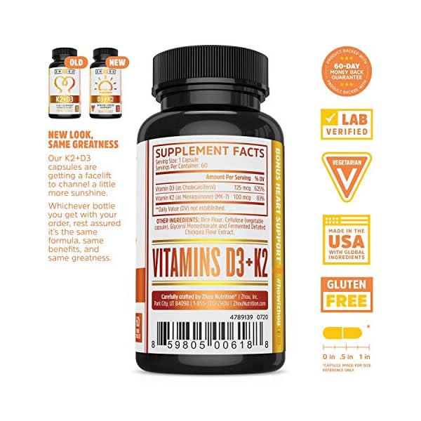 Zhou Nutrition Vitamin D3 K2, Bone and Heart Health Formula 5000 IU Vitamin D3 & 90 mcg Vitamin K2, Max Strength 2 in 1 Immune Support and Calcium Absorption, Gluten Free, 60 Count