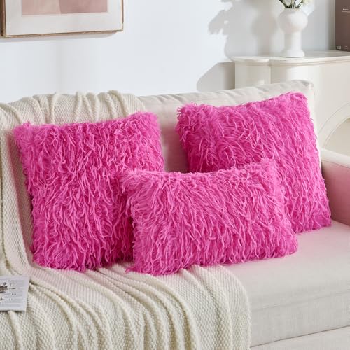FUTEI Pack of 2 Fluffy Faux Fur Throw Pillow Covers 18x18 Inch, Hot Pink by FUTEI - Used condition - Image 5
