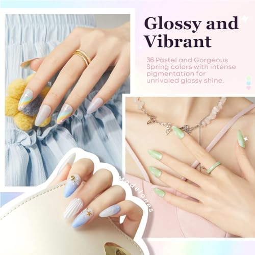 Image of modelones 40 Pcs Gel Nail Polish Kit, 36 Colors 2026 Summer Spring Candy Pastel Gel Polish Set Soak Off LED Soft Light Purple Pink Blue Yellow Green with Base Coat& Matte Glitter Glossy Top Coat