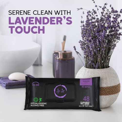 Image of Flushable Wet Wipes, 6 Pack (288 Wipes), New & Improved Lavender, Disposable, Biodegradable, Extra-Large With Aloe & Vitamin-E, Drain and Marine Life Friendly, Utterly Smooth, Irresistible!