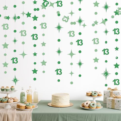 Image of Green 13th Birthday Decorations Number 13 Circle Dot Star Garland Glitter Streamer Banner Backdrop for Girls Boys Official Teenager Cheers to 13 Years Old Birthday 13th Anniversary Party Supplies
