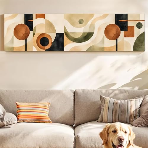 Image of Boho Geometric Stretched Canvas Wall Art Painting for Living Room, Mid Century Bauhaus Canvas Wall Decor For Livingroom, Bedroom, Office, Hallway's, Hotel 12x46 Inch