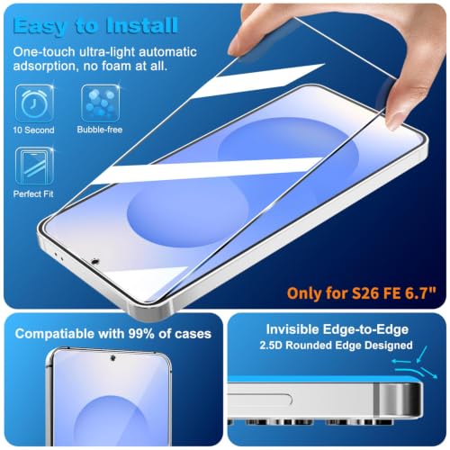 Image of firtstnow 3 Pack for Samsung Galaxy S26 FE Screen Protector Tempered Glass + 3 Pack Camera Lens Protector, Military Grade Shatterproof, 9H Hardness, Fingerprint Unlock, Case Friendly 6.7 Inch