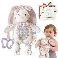 Moonkie Kuscheltier Baby, Hase Schnuffeltuch mit Silikon Beißring, Superweich Schmusetuch, Geschenke zur Geburt, Baby Spielzeug mit Strukturierten Bändern, Crinkle Ohren, Babygeschenke für Mädchen