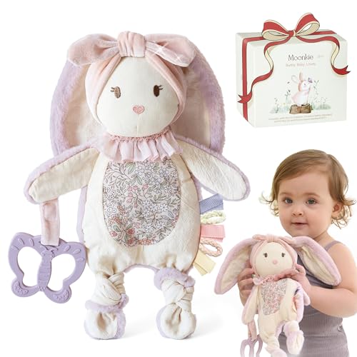 Moonkie Peluche Bebe, Doudou de Conejito, Muñecos de Apego con Mordedor de Silicona, Regalo Bebe Recien Nacido Niña, Manta de Seguridad Suave, Juguetes con Cintas Texturizadas, Orejas Arrugadas