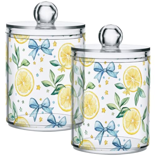 Gredecor 4 Pack Qtip Holder Clear Yellow Lemon Blue Bows Leaves (1) Apothecary Jars with Lids Acrylic Bathroom Jars Vanity Countertop Canister Storage Organizer for Cotton Ball,Swabs,Pads,Floss