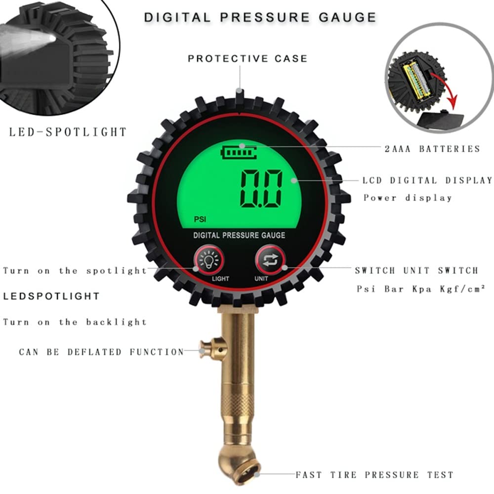 AGAATI Manómetro Digital para neumáticos, Mandril de Aire y Accesorios para compresores, Pantalla LCD, Foco LED Resistente, 255PSI