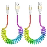 Laugwey Rainbow Coiled Fast Charging Cable,USB C Spring Retractable Charger Cable for Car,3FT Nylon Braided Coiled Type C Data Charging Cable for Phone 15/15Pro/15Plus/15Pro Max