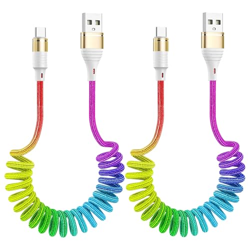 Laugwey Rainbow Coiled Fast Charging Cable,USB C Spring Retractable Charger Cable for Car,3FT Nylon Braided Coiled Type C Data Charging Cable for Phone 15/15Pro/15Plus/15Pro Max