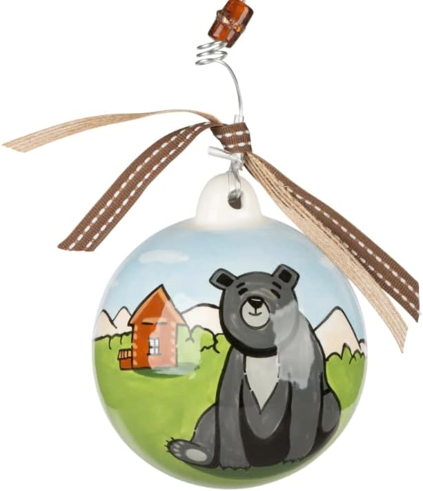 Glory Haus Oso negro en las montañas pintadas a mano bola de cerámica adornos de Navidad  Decoración de árbol con temática natural