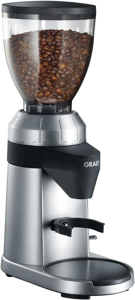 GRAEF CM 800 – Moulin à café électrique, boîtier alu, broyeur conique inox, 40 réglages, réservoir 350g, porte-filtre, insert antistatique, roue à palettes alu, 128W – Argent