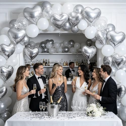 Image of 36 Pcs Silver Heart Balloons,18 Inch Heart Foil Balloons Valentine Balloon for Wedding Engagement Party Valentine Day Decorations