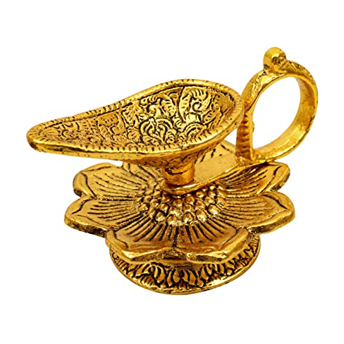 Spillbox Traditional Brass Diya for Puja | Pooja Aarti | Arti Deepak Deepam Oil Lamp for Home Temple Puja Articles Decor Gifts Oxidized Metal - Aishwarya Diya