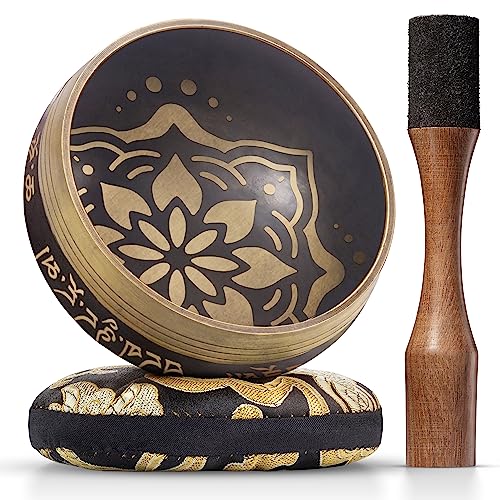 Tibetan Singing Bowl Set - Easy to Play - Creates Beautiful Sound for Holistic Healing, Stress Relief, Meditation & Relaxation - Bliss Pattern- Darker Brown Bowl with Black Pillow - Yoga singing bowls