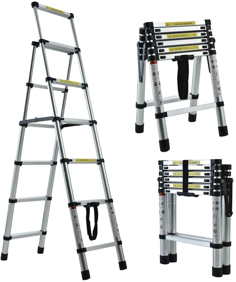 1.7m+2m Escaleras Plegables Aluminio, Escalera Telescópica 13 Escalones Antideslizantes...