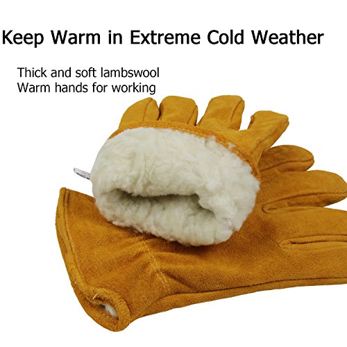 Image of OZERO Winter Work Gloves Thick Windproof Cold Proof Leather Glove Thermal Imitation Lambswool - Extra Grip Flexible Warm for Working in Cold Weather for Men and Women (Gold,Small)