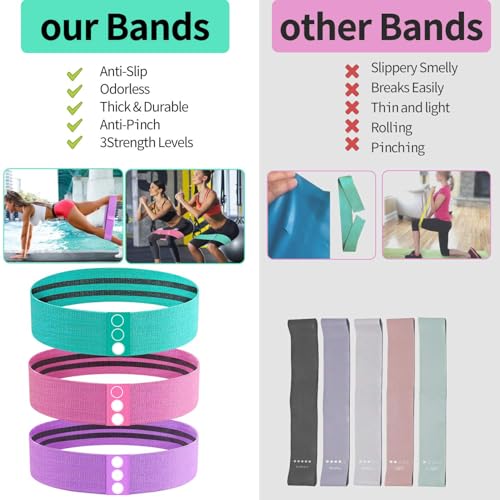 Resistance Bands, 3pcs Fitnessbänder Hip Widerstandsbänder Set mit starker Dehnbarkeit, 3 Zugkraftstärken rutschfeste Trainingsband, für Hüfte Beine Pilates Yoga Krafttraining(grün+rosa+lila)