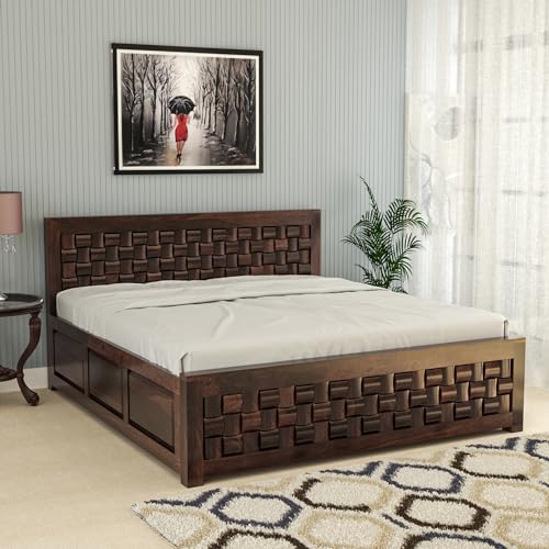 Image of Sheesham Wood King Size Bed with Storage Box | Wooden Box Bed King Size Double Cot Bed with Storage for Bedroom | Premium Niwar Design Headboard Bed for Hotel, Home | Walnut Finish