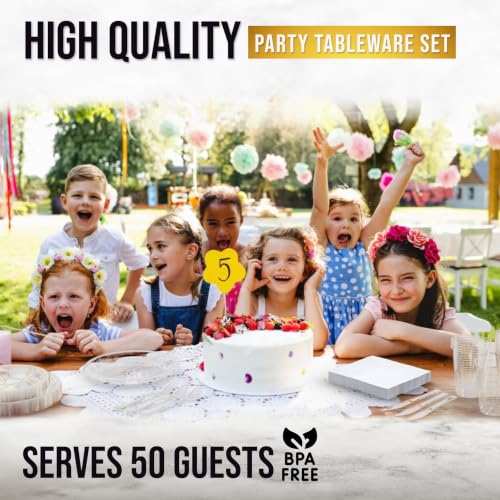 Image of Exquisite 350 Pcs Clear Plates and Napkins Party Supplies Plate Sets | Sturdy Plastic Dinnerware Set With 9 inch & 7 inch Plates, 12 Oz Cups, Lunch Napkins and Cutlery Serves 50 for Birthdays & Everyday