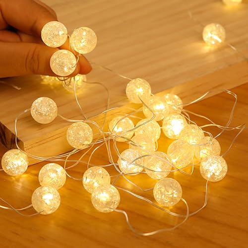 Kaleora Lichterkette Kristall Kugeln mit Timer, 3M 30 LED Kristallkugeln Crackle Lichterkette Batteriebetrieben, Warmweiß Lichterketten Kristall Kugeln für Valentinstag Innen Hochzeit Party