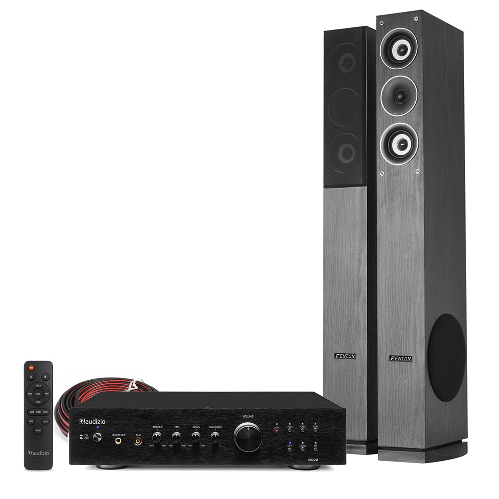SHFT52B Floor Standing HiFi Tower Speaker System with Audizio AD220B Amplifier, Bluetooth Wireless Home Stereo System, Powerful 500W Speakers, Subwoofer & Optical Input, Black