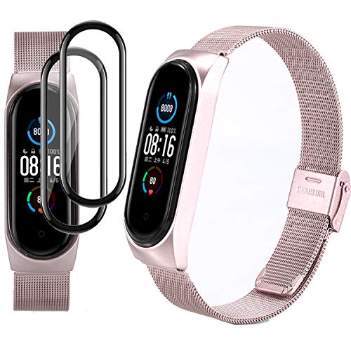 Milomdoi [3 Articulos] 1 Color Correas + 2 Unidades TPU Protector Pantalla para Xiaomi Mi Band 5 Correas Metal, Pulsera de Acero Inoxidable Agradable Wristband Repuesto (No Host)-Melan Oro Rosa
