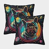 QFVANSIYO Funda de Almohada Perro Francés Espacio 3D Printing Microfibra Decoración Dormitorio Funda Cojín Astronauta 45x45cm