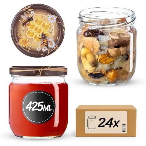 KADAX Lot de 24 pots à confiture avec couvercle à visser fi82 - 425 ml - Bocaux de conservation pour confitures, conserves, miel (miel de taupe miel)