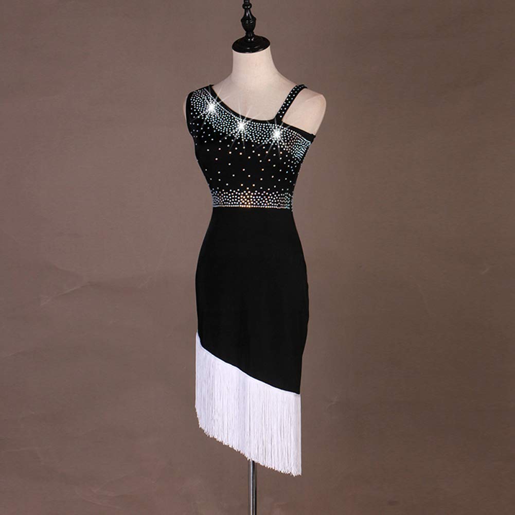 NAKOKOU Latin Dance Dresses Women's Performance Spandex Tassel Crystals Rhinestones Sleeveless Dress(Black+White,XXL)
