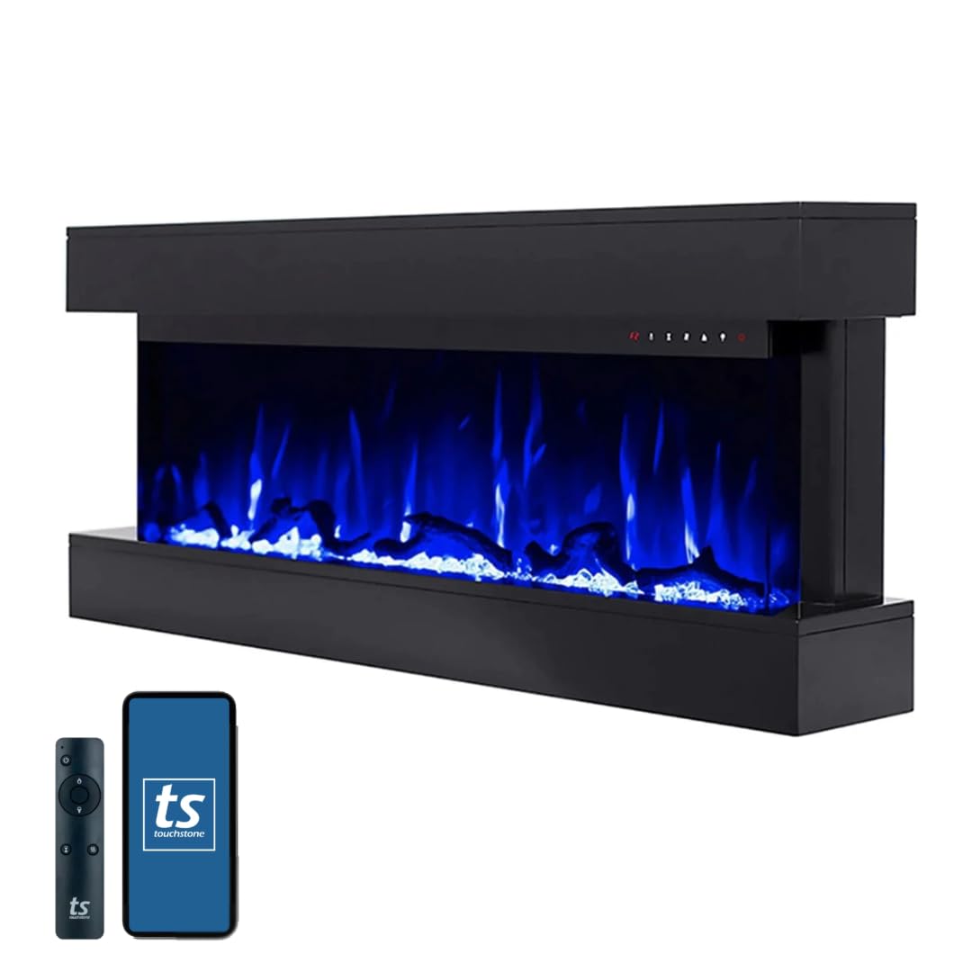 Touchstone Chesmont Smart Electric Fireplace- Wall Hanging Fireplace with 50" Wide Black Floating Mantle- Alexa/WiFi Enabled-10 Color-1,500W Heater-