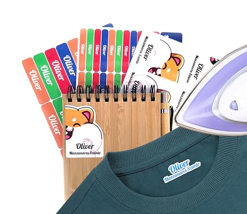 112 Etiquetas, 50 etiquetas de ropa y 62 Etiquetas Adhesivas Personalizadas para marcar objetos. Laminado Protector Gratis. Kit pegatinas resitentes al agua para zapatos, bolis, vuelta al cole