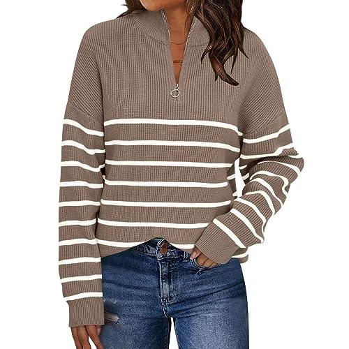 LILLUSORY Women’s Quarter Zip Striped Oversized Sweater Mock Turtleneck Pullover Fall Fashion Outfit Winter Trendy Clothes
