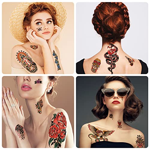 77 Sheets Temporary Tattoo for Women and Men, 17 Sheets Half Arm Chest Shoulder Fake Tattoos, 60 sheets Tiny for Adults Vintage Multi Colored Mixed Style Waterproof Realistic Tattoos Long-Lasting