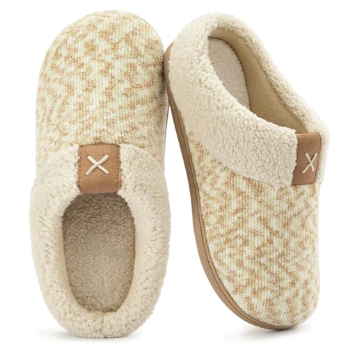 ULTRAIDEAS Women's Indoor Bedroom Slipper with Memory Foam, Gift for Women, Wool-Like House Shoe with Anti-Skid Rubber Sole for Ladies(Beige,7-8)