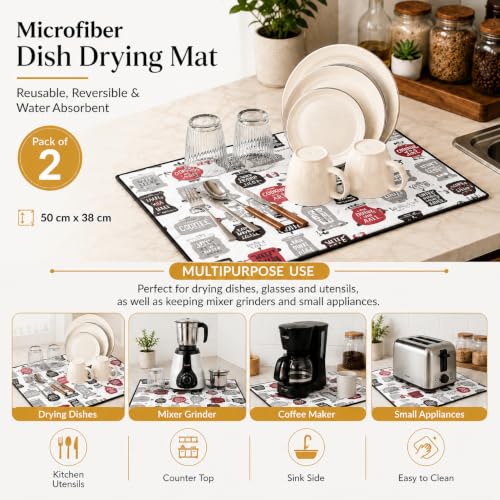 Image of Cutting EDGE Microfiber Dish Drying Mat - Water Absorbent & Reversible for Kitchen Utensils, Counter Top, Sink (Pack of 2, 50CM X 38CM - White)