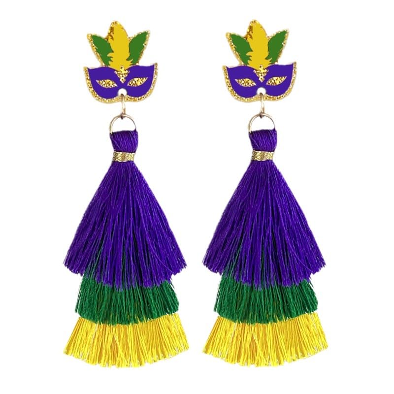 Colorful Holiday Layered Tassel Earrings Green Purple Pink Red Tassel Drop Dangle Earrings St Patrick's Day Mardi Gras Valentine's Day Costume Accessories