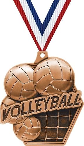2.25" Volleyball Medal Awards, Bronze Masters Volleyball Team Trophy Awards Includes Free Neck Ribbon 5 Pack Prime