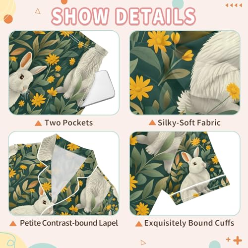 senya Flower Rabbit Yellow F Satin Summer Pajama Sets Silk Short Sleeve Button Down Sleepwear3