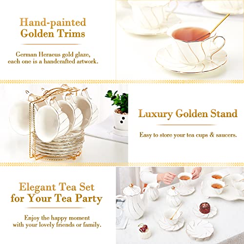 Dujust 22 Pcs White Porcelain Tea Set For 6, Luxury British Style Tea/Coffee Cup Set With Golden Trim, Beautiful Tea Set For Women, Tea Party Set, Gift Package (Including A Stand) - White #TOP4