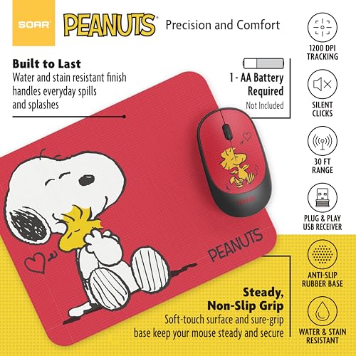 Image of SOAR Peanuts Mouse & Mouse Pad Combo Red- Snoopy and Woodstock Hug