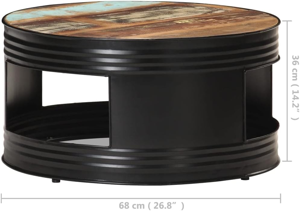 vidaXL Industrial Coffee Table, Solid Reclaimed Wood, Black Iron Frame, Unique Multi-Color Finish, No Assembly Required, Round Design, Sized 26.8"x14.2"