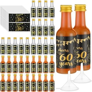 Vesici 50 Pack Mini Liquor Bottles 1.7oz Shot Bottle Birthday Sticker with 2 Funnels Airtight with Gold Cap Birthday Themed Party for Women Men Anniversary Celebration(Cheers to 60 Years)