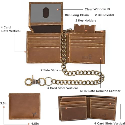 J T C JUZAR TAPAL COLLECTION Genuine Leather RFID Blocking Bifold Wallet for Men, Stylish Bifold, Stainless Chain, Flip-up Window ID (J521BF-WC, Vintage Brown)2
