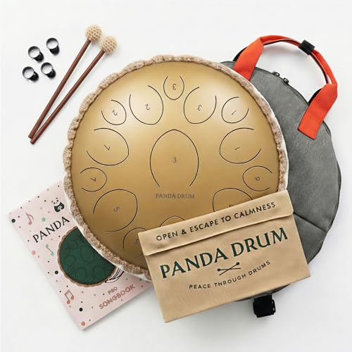 Panda Drum Pro (Sandstone) | Steel Tongue Handpan with Music Book, Mallets, Carrying Bag & Finger Picks | 15 inch, 432 Hz | Rain Drum for Inside, Outside | Calming Musical Instrument for Adults, Kids